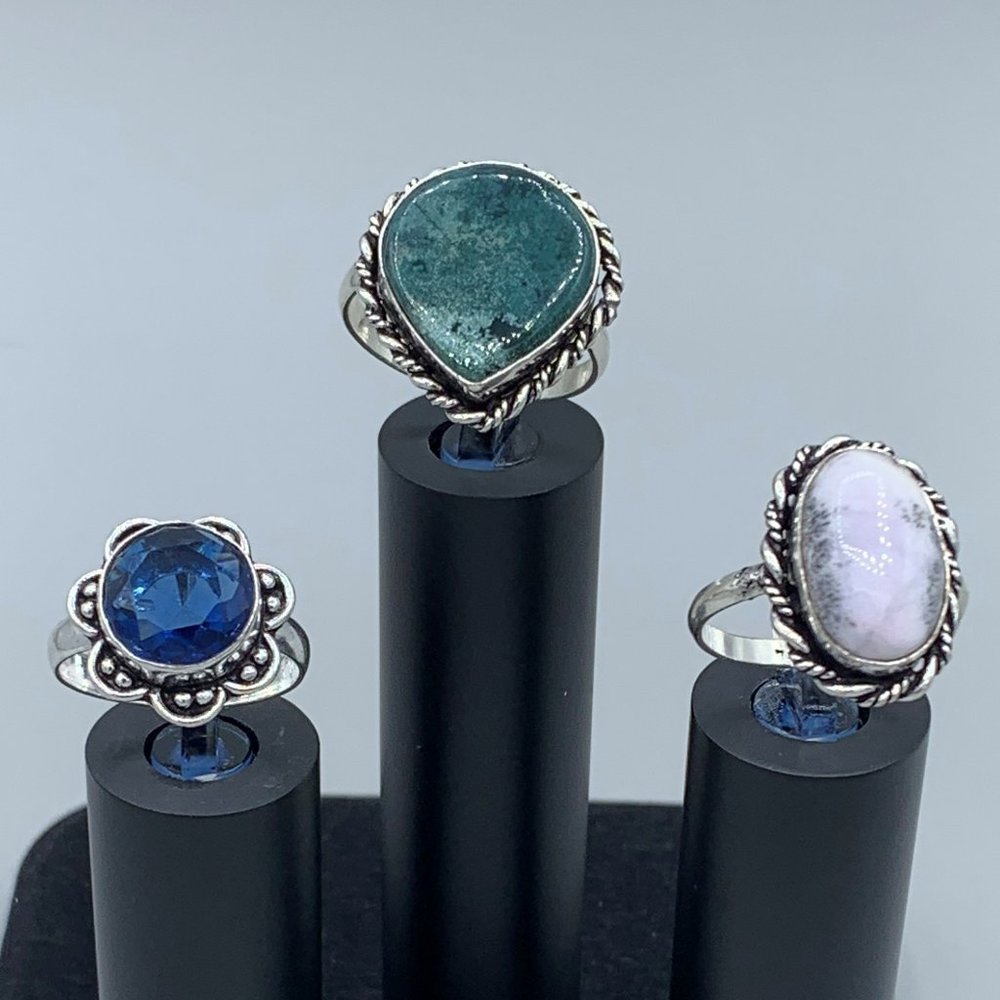 Set of 3 Silver Toned Rings With Blue, Green & White Stones